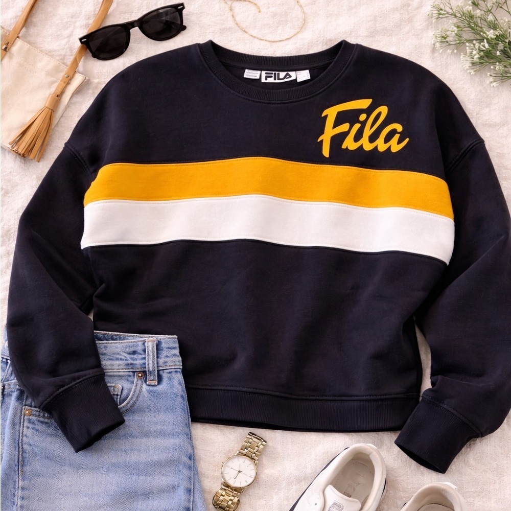 FILA Cropped Crewneck Sweatshirt Small Black Yellow Retro Stripe